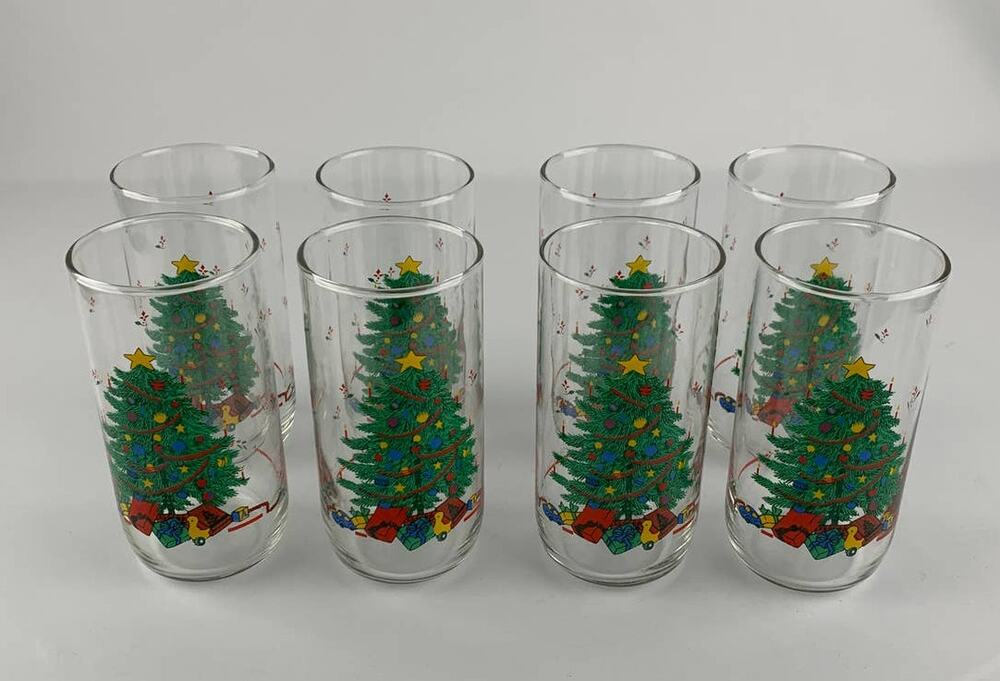 Vintage Christmas Tree Holiday Drinking Tumbler Glass 12 Oz Set Of 8